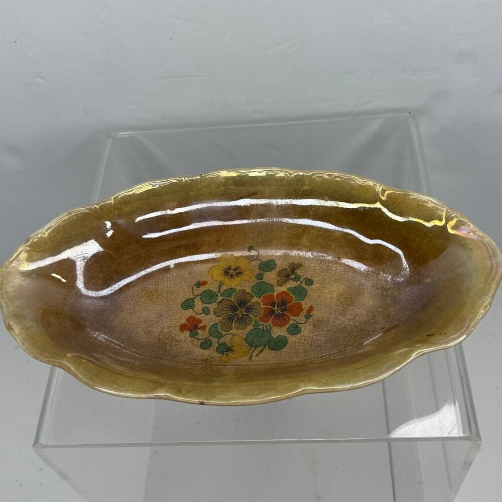 Antique German Floral Oval Bowl Crackle Glaze Hand Painted Serving Dish